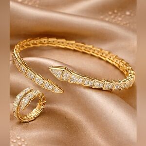 Serpenti Gold Zircon Snake Bangle Bracelet Ring Set